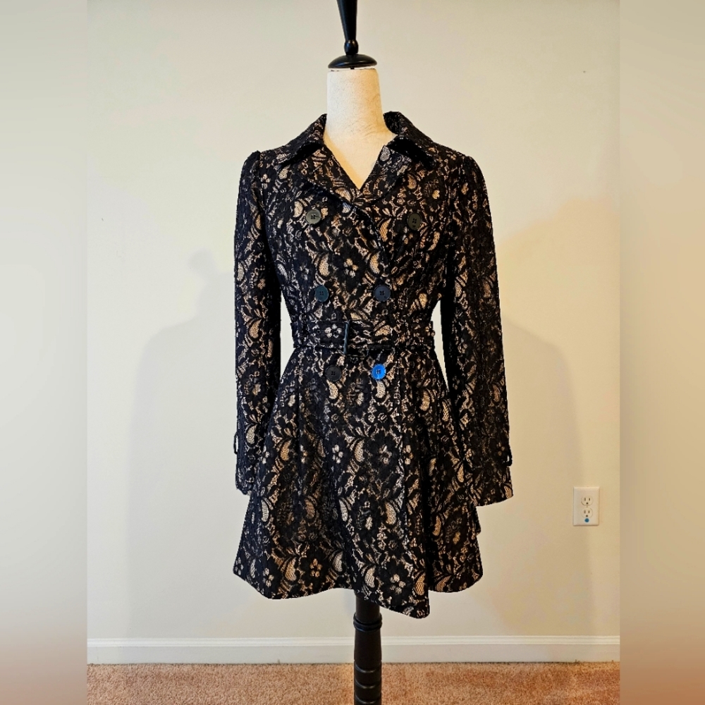 Black Nude Lace Belted Corset Trench Coat